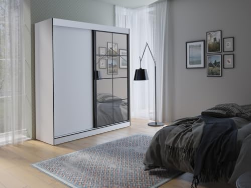 Easy4You Oslo II Weiß Schiebetürenschrank Kleiderschrank 180x216x65 cm mit Spiegel - Schlafzimmermöbel, Aufbewahrung – Mehrzweckschrank mit Kleiderstange von Easy4You