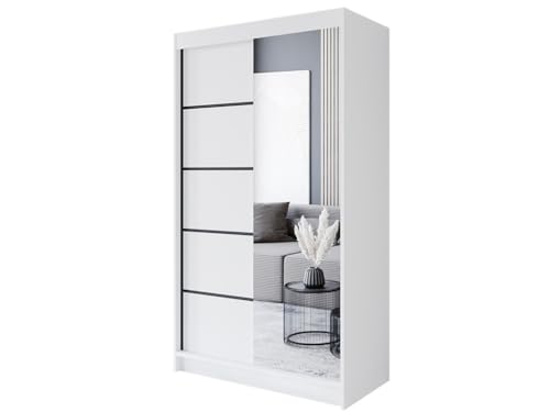 Easy4You P3 120 cm Weiß Schiebetüren Kleiderschrank 120x200x58 cm mit Spiegel - Schlafzimmermöbel, Aufbewahrung - Mehrzweckschrank von Easy4You
