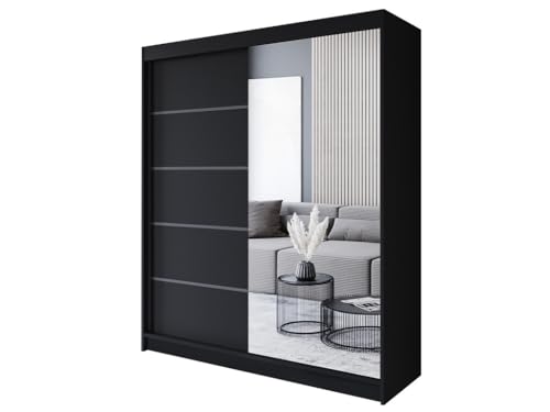 Easy4You P3 180 cm Schwarz Schiebetüren Kleiderschrank 180x215x58 cm mit Spiegel - Schlafzimmermöbel, Aufbewahrung - Mehrzweckschrank von Easy4You