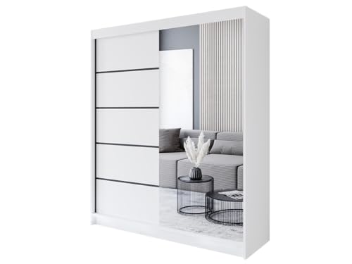Easy4You P3 180 cm Weiß Schiebetüren Kleiderschrank 180x215x58 cm mit Spiegel - Schlafzimmermöbel, Aufbewahrung - Mehrzweckschrank von Easy4You
