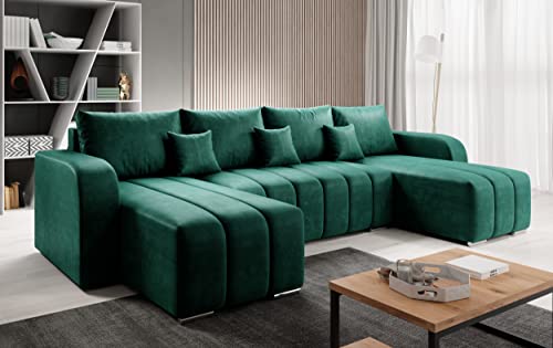 Easy4You Pufetto Velours Flasche Grün Ecksofa U-Form 320 x 80 x 147 cm mit Schlaffunktion und Bettzeugbehälter - Schlafsofa mit Bettkasten - Eckcouch mit Stauraum – Stoff: Manila 35 von Easy4You