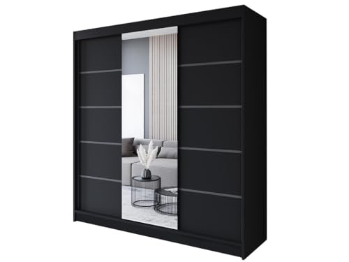 Easy4You R6 200 cm Schwarz Schiebetüren Kleiderschrank 200x215x58 cm mit Spiegel - Schlafzimmermöbel, Aufbewahrung - Mehrzweckschrank von Easy4You