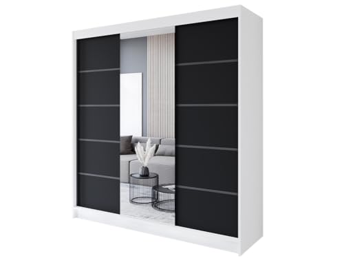 Easy4You R6 200 cm Weiß/Schwarz Schiebetüren Kleiderschrank 200x215x58 cm mit Spiegel - Schlafzimmermöbel, Aufbewahrung - Mehrzweckschrank von Easy4You