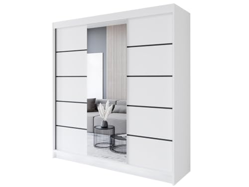 Easy4You R6 200 cm Weiß Schiebetüren Kleiderschrank 200x215x58 cm mit Spiegel - Schlafzimmermöbel, Aufbewahrung - Mehrzweckschrank von Easy4You