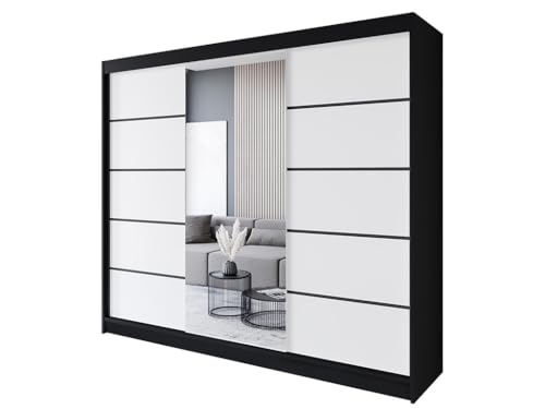 Easy4You R6 250 cm Schwarz/Weiß Schiebetüren Kleiderschrank 250x215x58 cm mit Spiegel - Schlafzimmermöbel, Aufbewahrung - Mehrzweckschrank von Easy4You