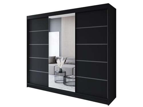 Easy4You R6 250 cm Schwarz Schiebetüren Kleiderschrank 250x215x58 cm mit Spiegel - Schlafzimmermöbel, Aufbewahrung - Mehrzweckschrank von Easy4You