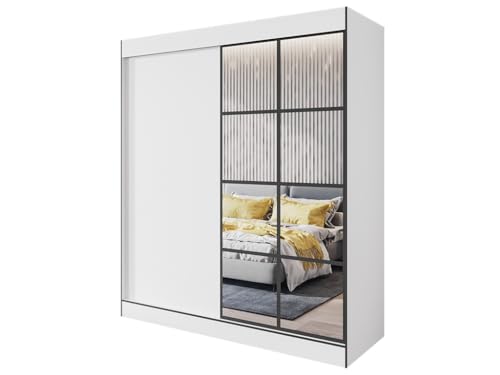 Easy4You S2 180 cm Weiß Schiebetüren Kleiderschrank 180x206x65 cm mit Spiegel - Schlafzimmermöbel, Aufbewahrung - Mehrzweckschrank von Easy4You