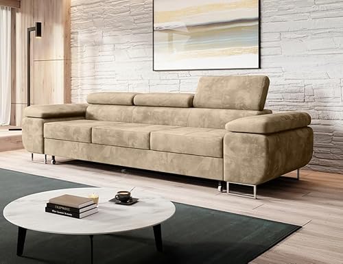 Easy4You Schlafsofa Norberg - 279 cm - Velour Beige - 3 Sitzer Sofa - Werstellbare Kopfstützen - Couch mit Schlaffunktion - Stoff: Monolith M-04 von Easy4You