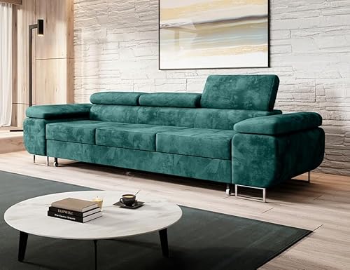 Easy4You Schlafsofa Norberg - 279 cm - Velour Flaschengrün - 3 Sitzer Sofa - Werstellbare Kopfstützen - Couch mit Schlaffunktion - Stoff: Monolith M-37 von Easy4You