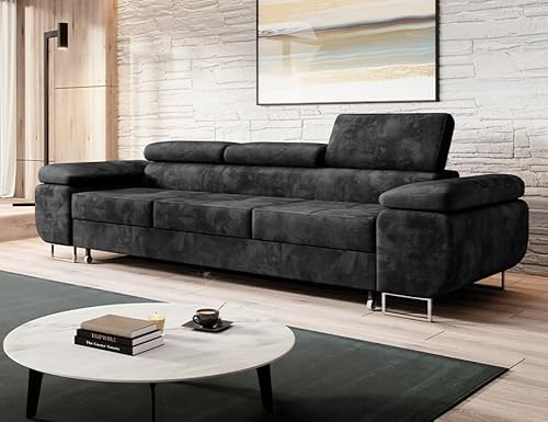 Easy4You Schlafsofa Norberg - 279 cm - Velour Graphite - 3 Sitzer Sofa - Werstellbare Kopfstützen - Couch mit Schlaffunktion - Stoff: Monolith M-97 von Easy4You