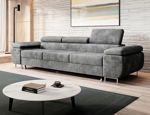 Easy4You Schlafsofa Norberg - 279 cm - Velour Grau - 3 Sitzer Sofa - Werstellbare Kopfstützen - Couch mit Schlaffunktion - Stoff: Monolith M-85 von Easy4You