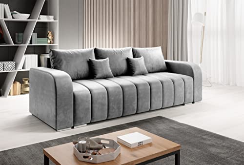 Easy4You Schlafsofa Pufetto - 245 cm - Velour Grau - 3 Sitzer Sofa - Bettzeugbehälter - Couch mit Schlaffunktion - Stoff: Manila 16 von Easy4You