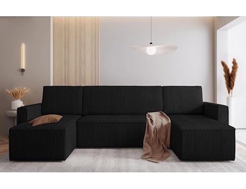 Easy4You Schwarz Ecksofa Mimir Kord in U-Form 303 x 80 x 145 cm mit Schlaffunktion und Bettzeugbehälter - Schlafsofa mit Bettkasten - Eckcouch mit Stauraum - Stoff: POSO 135 von Easy4You