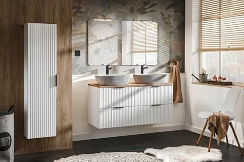 Easy4You Set AW Weiß: Unterschrank 60 cm mit 2 Schubladen + 35x140 cm Seitenschrank Hängeschrank Badschrank Badezimmerschrank Soft-Close Badmöbel-Set Geriffelte Fronten von Easy4You