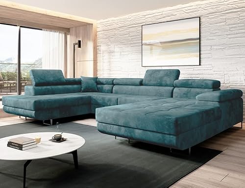 Easy4You Türkis Ecksofa Varberg Velours in U-Form 345 x 72 x 205 cm mit Schlaffunktion und Bettzeugbehälter - Schlafsofa mit Bettkasten - Eckcouch mit Stauraum - Stoff: Monolith 72 von Easy4You