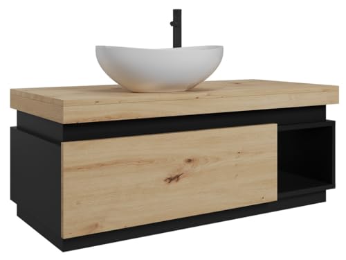 Easy4You Unterschrank Kaya 100 cm Matt Schwarz/Eiche Hängeschrank Badschrank Badezimmerschrank mit Schublade und Ablage von Easy4You