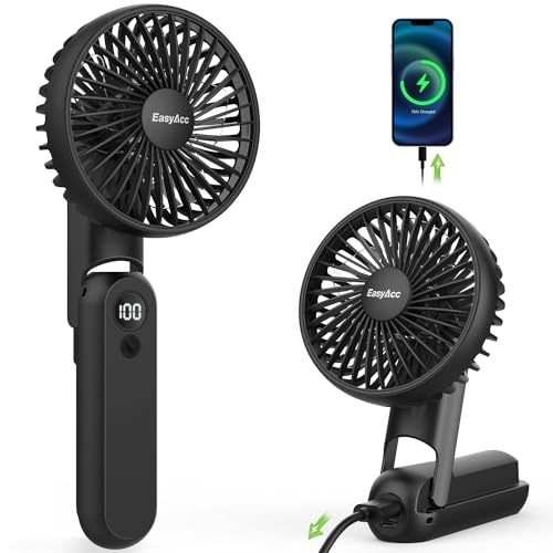 EasyAcc Handventilator,4000mAh Tragbarer Mini Ventilator mit 5 Geschwindigkeiten,11 Stunde Reichweiteund,USB LED Ventilator,Klein Aufladbar 4 in 1 Hand Ventilator für Reisen,Büro und Zuhause - Schwarz von EasyAcc