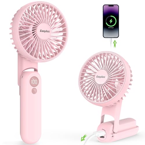 EasyAcc Handventilator,2600mAh Tragbarer Mini Ventilator mit 5 Geschwindigkeiten,8 Stunde Reichweiteund,USB LED Ventilator,Klein Aufladbar 4 in 1 Hand Ventilator für Reisen,Büro und Zuhause - Rosa von EasyAcc