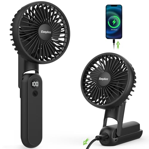 EasyAcc Handventilator,2600mAh Tragbarer Mini Ventilator mit 5 Geschwindigkeiten,8 Stunde Reichweiteund,USB LED Ventilator,Klein Aufladbar 4 in 1 Hand Ventilator für Reisen,Büro und Zuhause - Schwarz von EasyAcc
