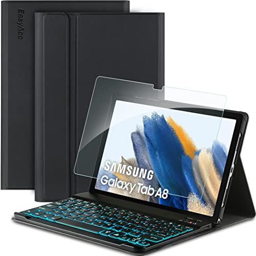 EasyAcc Bluetooth-Tastatur Hülle Kompatibel mit Samsung Galaxy Tab A8 10.5 2021/2022 (SM-X205N/X200N) mit Schutzfolie, Beleuchtete, Kabelloser Abnehmbare Deutsches Schutzhülle, Schwarz von EasyAcc