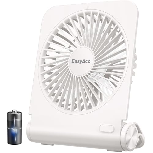EasyAcc Tischventilator Sehr Leise, Tischventilator Batterie Tragbarer USB Ventilator 4000 Akku 4 Geschwindigkeit Mini Aufladbarem Tragbarer Desk Fan Lüfter für Büro - Weiß von EasyAcc