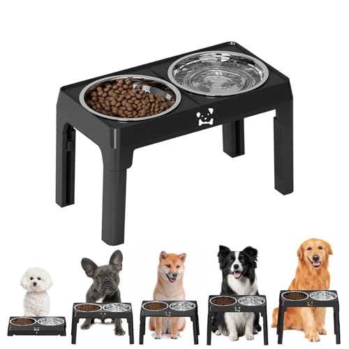 Erhöhter Hundenapf, 5 Höhenverstellbar Futternapf, Futterstation 2 Große Eingedickte Edelstahlschalen, Rutschfester Hundenapf, für Große Mittelgroße Kleine Hunde &Katzen Schwarz von EasyBuyCat