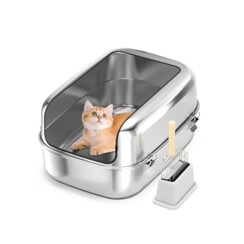 Katzenklo Edelstahl XXL Katzentoilette aus mit Schaufel, halbgeschlossene herausnehmbare Katzentoilette aus Metall mit hochseitigem Gehäuse, 20L Fassungsvermögen Auslaufsicher von EasyBuyCat