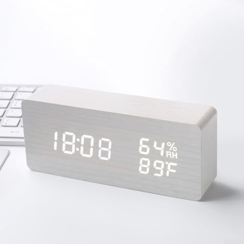 Digitaler Wecker, Sprachsteuerung, Nachttischuhr aus Holz mit großem LCD-Display mit Hintergrundbeleuchtung, Temperatur, Luftfeuchtigkeit für Zuhause (D) von EasyByMall