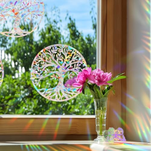 EasyByMall Fenster Regenbogen reflektierende Aufkleber, Baum des Lebens bunte Regenbogen elektrostatische Glastüren Aufkleber für Heimdekoration von EasyByMall