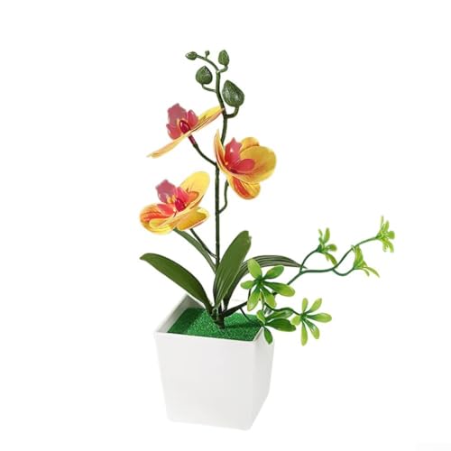 Künstliche Orchidee Topfpflanze, Simulation von drei Phalaenopsis-Topfblumen, Ornamente für Wohnzimmer, Tisch, Mittelstück (gelb) von EasyByMall