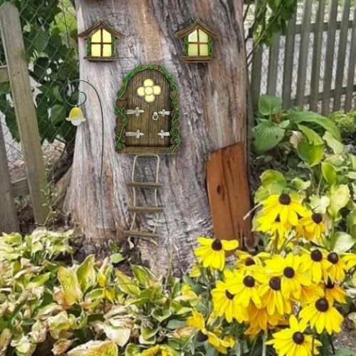 Miniatur-Feenbaumtür mit zwei leuchtenden Fenstern, Feentür, Miniatur-Feenhaus-Fenster für Hof, Rasen, Garten, Dekoration von EasyByMall