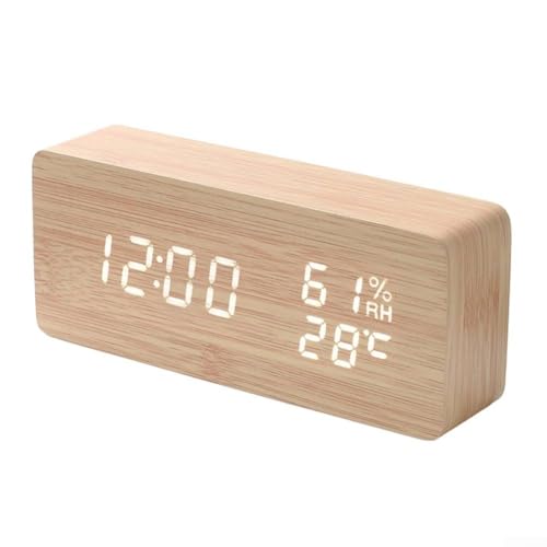 Smart LED Holzuhr, digitaler Wecker Sprachgesteuerte Zeitanzeige Temperatur & Luftfeuchtigkeit Display 3 Helligkeitsstufen für Home Office (C) von EasyByMall