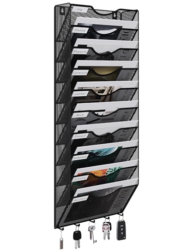 EasyPAG 10 Fächer Metall A4 Zeitschriften Wandhalter Zeitschriftenhalter Wand Aktenablage Dokumentenhalter Magazin Wandhalterung Post Organizer Prospektspender Flyerhalter Hängend mit 5 Haken,Schwarz von EasyPAG