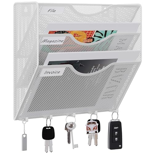 EasyPAG 3 Fächer Metall A4 Zeitschriften Wandhalter Zeitschriftenhalter Wand Aktenablage Dokumentenhalter Magazin Wandhalterung Post Organizer Prospektspender Flyerhalter Hängend mit 5 Haken,Weiß von EasyPAG