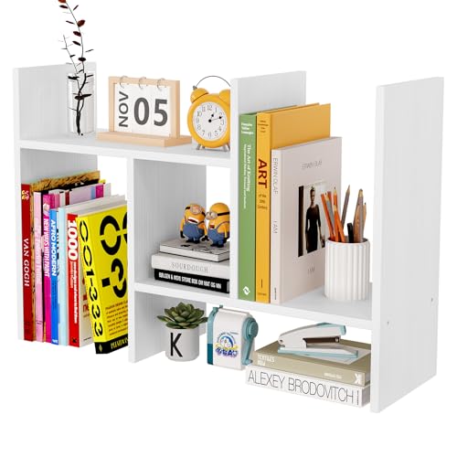 EasyPAG Kleines Schreibtischregal aus Holz, verstellbar, Mini-Bücherregal, freistehend, für Zuhause und Büro, weiß von EasyPAG