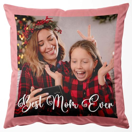 Easycosy Personalisiertes Kissen aus Premium Samt mit Foto, Doppelseitiger FotoKissen-Bezug mit 2 Fotos & Text Bedrucken als Fotogeschenk zum Muttertag Geburtstag Mama-ohne Kissenfüllung (55 x 55 cm) von Easycosy