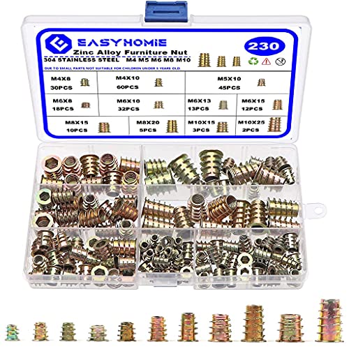 230 Stück Einschraubmutter, M4 M5 M6 M8 M10 Einschraubmuffen Sortiment, Zinklegierung Möbel Gewindeeinsätze für Montage und Wartung von Holzmöbeln von Easyhomie