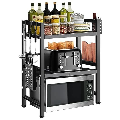 Easyhomie Dreistufiges Mikrowellen Regal Kit, Raumverstellbar Mikrowellenständer mit 6 Haken + Schneidebretthalter + Besteckhalter für Ordnen von Küchenarbeitsplatten (Ausziehbar von 40-60cm) von Easyhomie