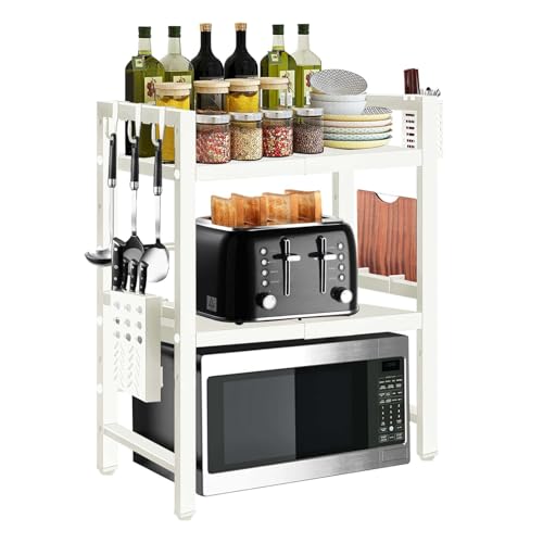 Easyhomie Dreistufiges Mikrowellen Regal Kit, Raumverstellbar Mikrowellenständer mit 6 Haken + Schneidebretthalter + Besteckhalter für Ordnen von Küchenarbeitsplatten (Ausziehbar von 40-60cm) von Easyhomie