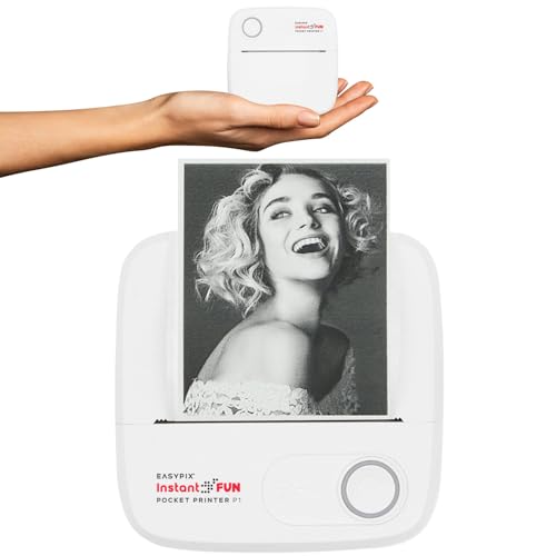 Easypix InstantFUN Pocket Printer P1 Mobiler Mini Drucker, Schwarz-Weiß-Thermodruck, Ausdrucke ohne Tinte, mit Smartphone-App, inkl. Sticker- und Nachfüllpapier von Easypix