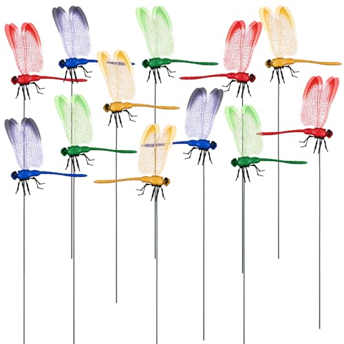12 Stück 3D-Gartenstecker mit Libellen, große Größe, Drachenfliege, Gartenstecker, Ornamente, Terrassendekoration, Libelle mit Stäbchen, 4 Farben – 4 Farben von Easywiny