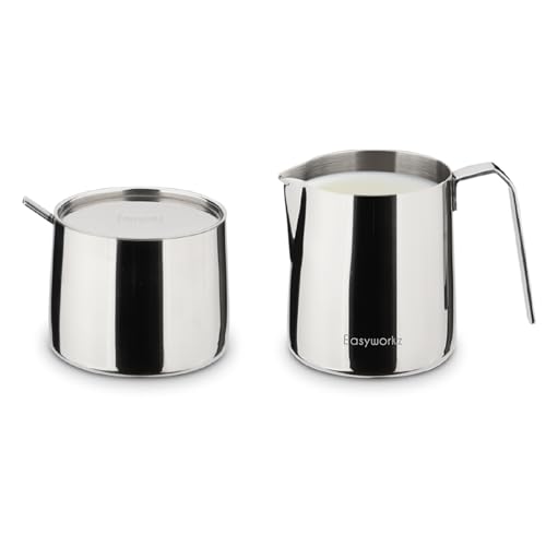 Easyworkz Zuckerdose und Milchkännchen-Set aus Edelstahl, mit Löffel und tropffreiem Ausgießer, stapelbares Design, Chrom von Easyworkz