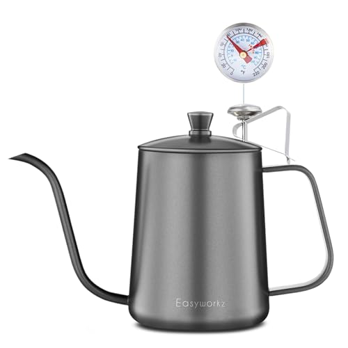 Easyworkz Gage Gooseneck Pour Over Kaffeekessel mit Thermometer Edelstahl 304 Kaffeekanne 600ml mit langem schmalem Ausguss Handtropfkessel von Easyworkz