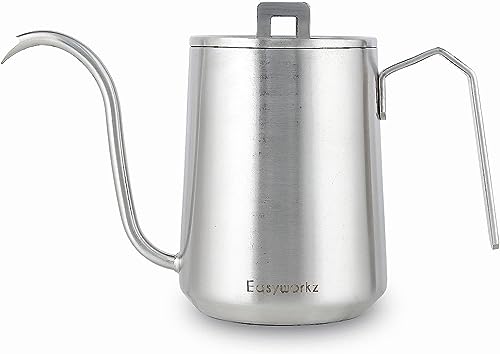 Easyworkz Kaffeekanne mit Schwanenhals, 600 ml, Edelstahl, Handtropfen, Kaffeekanne mit langem schmalem Ausguss, gebürstetes Silber von Easyworkz