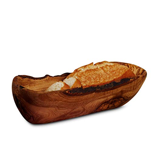 DAS OLIVENHOLZBRETT® Baguetteschale Olivenholz, Brotschale aus Holz, naturbelassener Rand, 40 cm, speziell für Baguette Brot entwickelt von das Olivenholzbrett