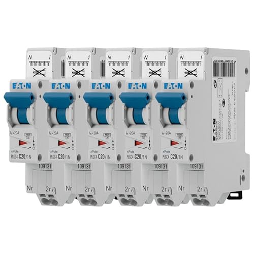 EATON 109131 PLGC4-C20/1N – modularer Schalter PH/N – Weiß – Blau – 1P+N / 20 A – Kurve C – Direktanschluss ohne Schrauben – 5 Leistungsschalter von Eaton