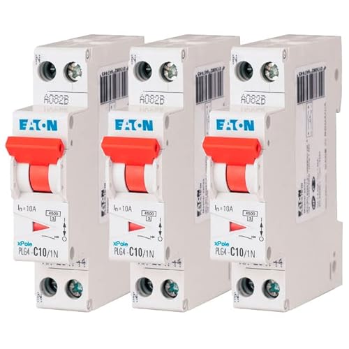 EATON 264744 PLG4-C10/1N – MODULARER DISJONCOR PH/N – Weiß – Rot – 1P+N / 10 A – C-KURBE – Schraubanschluss – 3 Leistungsschalter von Eaton