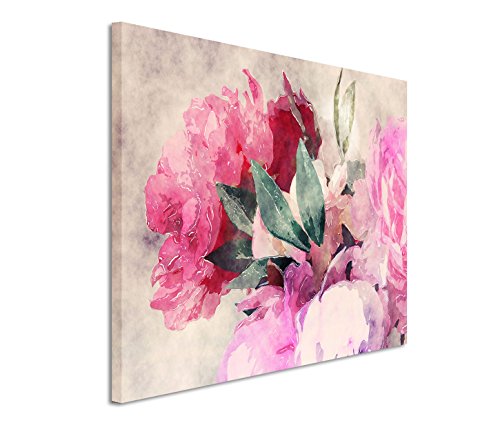 Eau Zone GmbH Kunstdruck auf Leinwand 120x80cm Bild – Rosen und Pfingstrosen in Wasserfarben Optik von Eau Zone GmbH