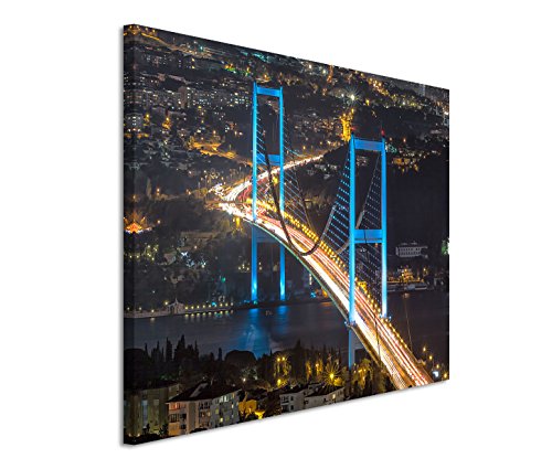 Eau Zone GmbH Kunstdruck auf Leinwand 120x80cm Urbane Fotografie – Strahlende Bosporus Brücke bei Nacht von Eau Zone GmbH