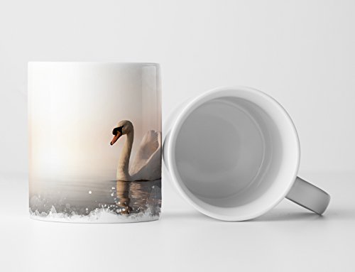 Eau Zone Fotokunst Tasse Geschenk Tierfotografie – Schwimmender weißer Schwan bei Sonnenaufgang von Eau Zone
